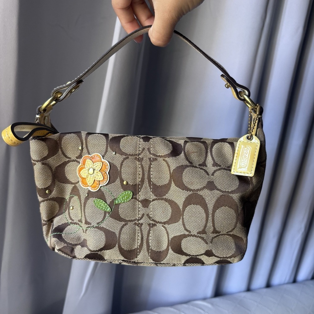 Vtg Coach Mini Pouch Signature Yellow Brown Flower Handbag Rare Signature Y2K